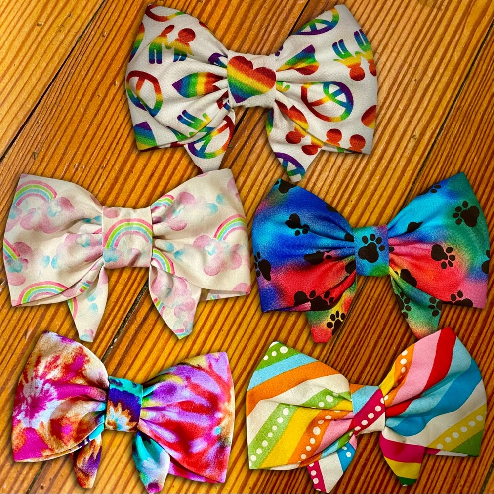 Girls Hair Bow featuring Rainbow Pride, Paw Print, Stripes, or Tie Dye